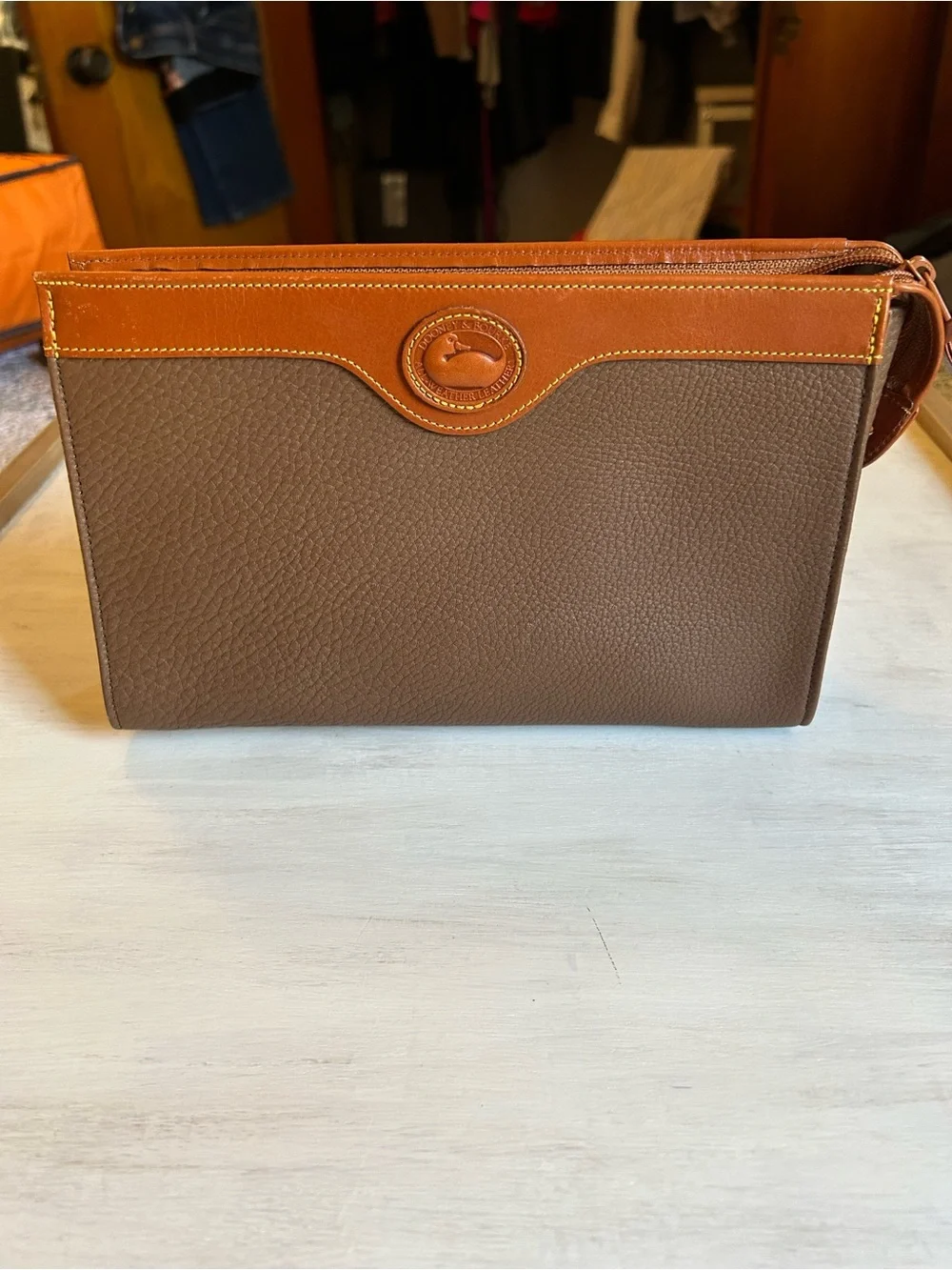 Vintage Dooney & Bourke Brown Leather Clutch with Tan Trim